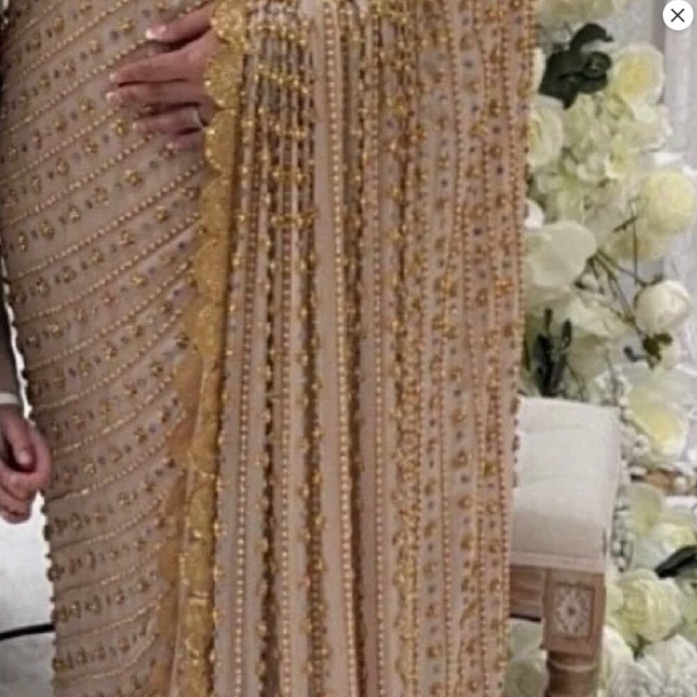 Hand Embroidered Beige Chiffon Saree / Sari with heavy sequence work - Picture 4 of 11